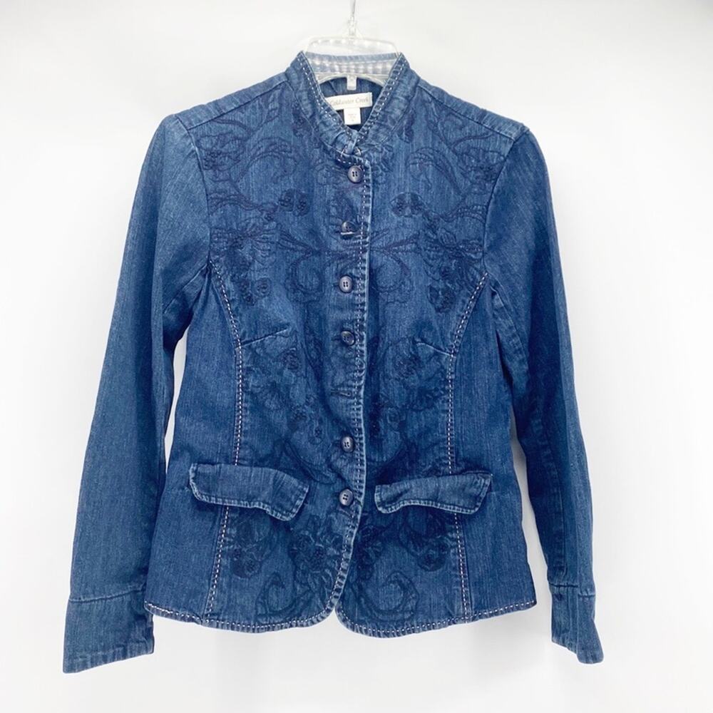 Coldwater Creek Denim Embroidered BOHO Jacket Nehru Collar Cottage size 6 - Picture 1 of 8